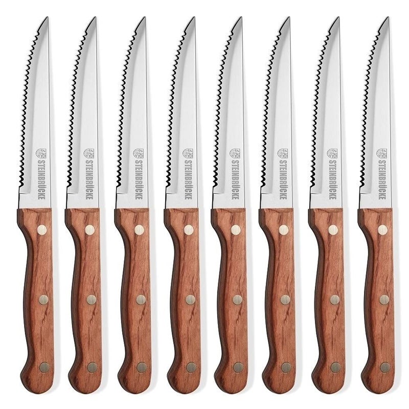 STEINBRÃœCKE Steak Knives Wood Handle - Steak Knives Set of 8 Built 5Cr15Mov Stainless Steel HRC57-58 Hardness Razor Sharp Full Tang (Not dishwasher safe) - Image 1